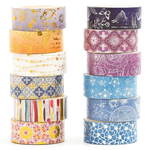 12 Rolls Charming Washi Tape Set Gold Silver Foil Detailing Arts Adhesive Tapes Basic Patterns Decorative Masking Tape Sets for Craft (12 Count)