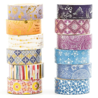 12 Rolls Charming Washi Tape Set Gold Silver Foil Detailing Arts Adhesive Tapes Basic Patterns Decorative Masking Tape Sets for Craft (12 Count)