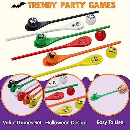 6 Pcs Halloween Egg and Spoon Race Game Set; Eyeballs and Spoons with Assorted Colors for Kids Adults Halloween Outdoor Fun Games (6 Count)