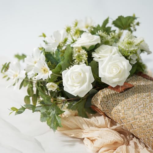Artificial Flowers Foam Fake Roses 25pcs White Roses with Stems for Home Decor DIY Wedding Bouquets Party Bridal Shower Centerpieces Faux Flower Arrangements Tables Decorations (25 Count)