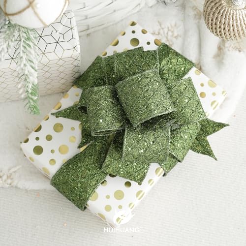 Glitter Moss Green Diamond Wired Christmas Ribbon 4" x 10 Yds (30 Foot)