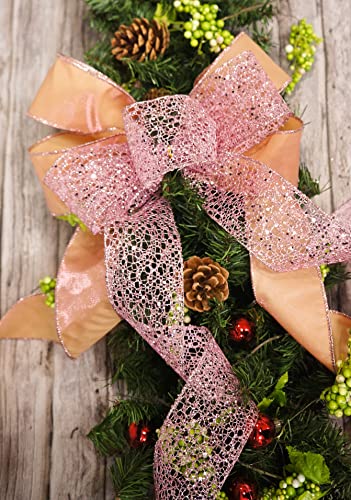 Sparkling Glitter Mesh Wired Ribbon 2.5" x 10 Yards Rose Gold for Christmas Home Decor Bow Gift Wrapping DIY Crafts Wreath (30 Foot)