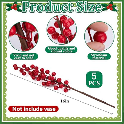 25 Pcs Christmas Norfolk Pine Branches Red Berry Stem Faux Christmas Sprigs (25 Count)