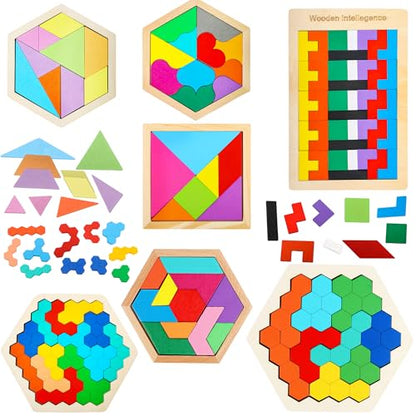 7 Pack Wooden Tangrams Puzzle Set Wooden Hexagon Puzzles Wood Russian Blocks Geometric Block Brain Teaser for Kids Adults 3D Logic Intelligence IQ Game Gift (7 Count)