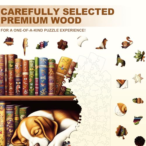 Puppy Dog Puzzles Bookshelf Books Library Shape Puzzle Adults Gifts for Women Men Wooden 200 Pieces 11.4 * 11.4in Wall Decor