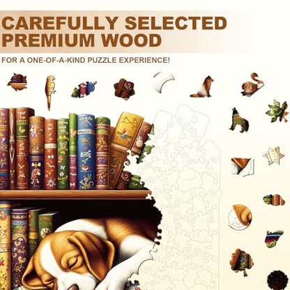 Puppy Dog Puzzles Bookshelf Books Library Shape Puzzle Adults Gifts for Women Men Wooden 200 Pieces 11.4 * 11.4in Wall Decor
