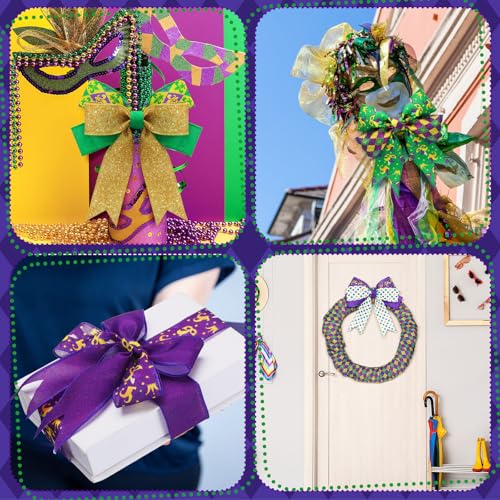 12 Rolls Mardi Gras Wired Edge Ribbon for Wreaths 2 Inch x 60 Yards Purple Green Yellow Stripe Print Grosgrain Ribbon for Mardi Gras Party Decorative Supplies (12 Count)