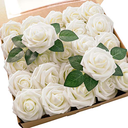 Artificial Flowers 50pcs Real Looking Ivory Foam Fake Roses with Stems for DIY Wedding Bouquets White Baby Shower Centerpieces Floral Arrangements Party Tables Home Decorations (50 Count)