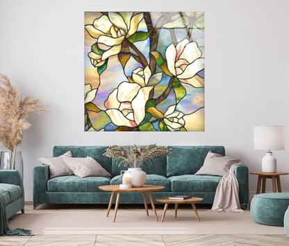 10Wx12H'' Stained Magnolia Glass Wall Art Tempered Glass Printing Wall Decor Large Wall Art Wall Hangings
