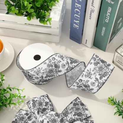 Floral Wired Edge Ribbon Black Vintage Flower Craft Ribbon Chinoiserie Decorative Fabric Ribbons for DIY Crafts Wreath Bow Making