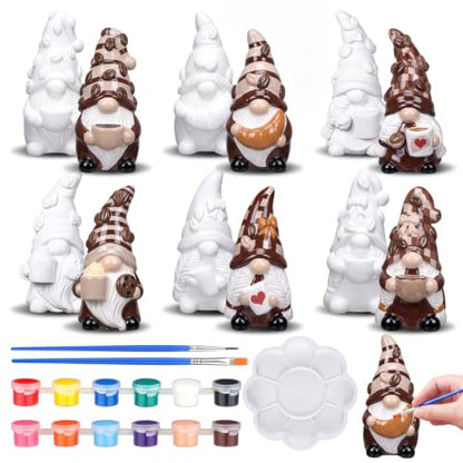 6 Set Fall Coffee Gnome Ceramics to Paint for Adults Ready to Paint Your Own Autumn Ceramic Gnome Statues DIY Paintable Ceramics Painting Kit Blank Figurines with Brush Palette Home Farm Decor (6 Count)