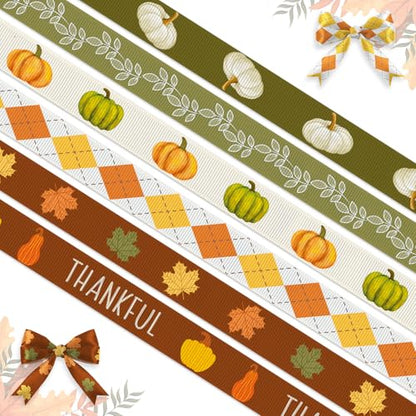 6 Rolls 30 Yards Thanksgiving Fall Ribbons Autumn Harvest Ribbons for Craft Wrapping Orange Pumpkin Maple Leaf Grosgrain Ribbon for Wreath Bows Thanksgiving Party Home Decoration 3
