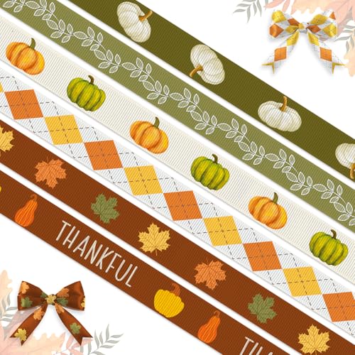 6 Rolls 30 Yards Thanksgiving Fall Ribbons Autumn Harvest Ribbons for Craft Wrapping Orange Pumpkin Maple Leaf Grosgrain Ribbon for Wreath Bows Thanksgiving Party Home Decoration 3