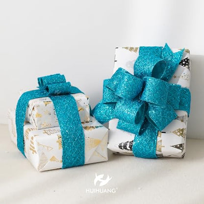Turquoise Glitter Wired Christams Ribbon 4 inch x 10 Yards (30 Foot)