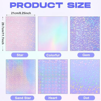36 Sheets Holographic Sticker Paper A4 Vinyl Holographic Laminate Sheets Self Adhesive Waterproof Transparent Film (36 Count)