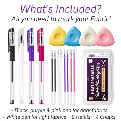 4x Tailors Chalk + Heat Erasable Fabric Marking Pens for Sewing (16 Count)