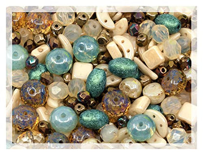 2.1oz (60 g) Mix of Unique Czech Bohemia Glass Pressed Beads, Matte and Glossy, Hand Made, Beige Blue Luster (2.1164 Ounce)
