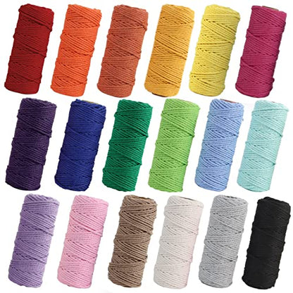 Macrame Cord 2mm x 590 Yards 18 Rolls Natural Cotton Cord 3 Stands Jute Twine String Soft Rope Assorted Colored Yarns for DIY Knitting Knotting Craft Macrame Project Supplies (1770 Foot)