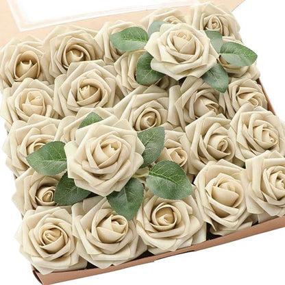 Artificial Flowers 25pcs Real Looking Beige Foam Fake Roses with Stems for DIY Wedding Bouquets Bridal Shower Centerpieces Floral Arrangements Party Tables Home Decorations (25 Count)