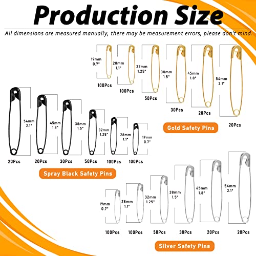 960Pcs Safety Pins Assorted 6 Sizes Variety Pack Large and Small Metal Safety Pin Gold Silver Black for Clothing Art Crafts Sewing Quilting Jewelry Making (960 Count)