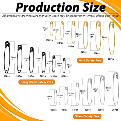 960Pcs Safety Pins Assorted 6 Sizes Variety Pack Large and Small Metal Safety Pin Gold Silver Black for Clothing Art Crafts Sewing Quilting Jewelry Making (960 Count)