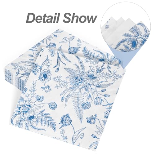 48 Pieces Floral Paper Napkins Disposable Blue Floral Napkins Blue and White Cocktail Dinner Napkin Set 13" x 13" Unfolded Decoupage Tableware Napkins for Garden Party Supplies (48 Count)