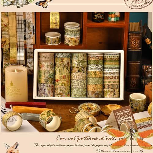36 Rolls Vintage Washi Tape Pack Retro Arts Adhesive Tapes Wide Chronicle Decorative Masking Tape Sets for Craft (36 Count)