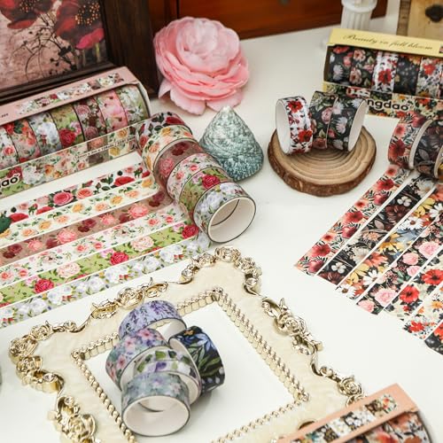 10 Rolls Blooming Flowers Washi Tape Set Floral Arts Adhesive Tapes Colorful Garden Decorative Masking Tape Sets for Craft (10 Count)