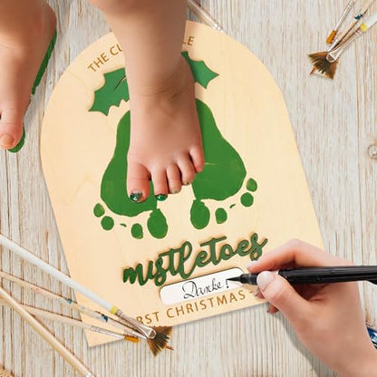 Personalized Baby’s First Christmas 2026 Wooden Mistletoes Footprint Art