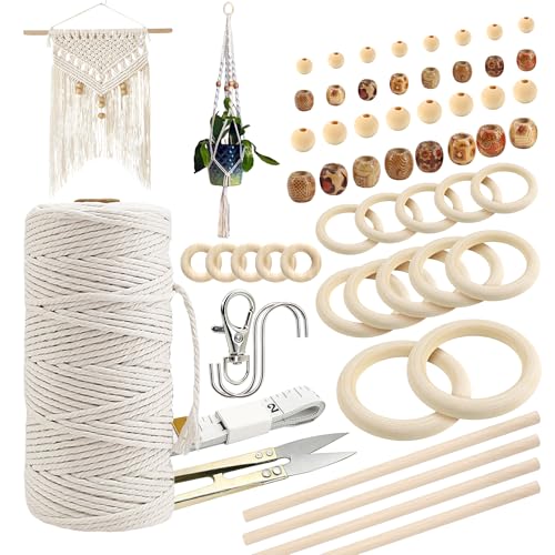 227pcs Macrame Kits 3mm 115yards Wall Hanging Natural Cotton Macrame Cord with Wooden Beads & Rings Wooden Sticks