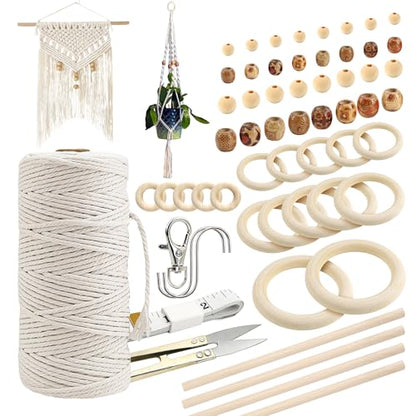 227pcs Macrame Kits 3mm 115yards Wall Hanging Natural Cotton Macrame Cord with Wooden Beads & Rings Wooden Sticks
