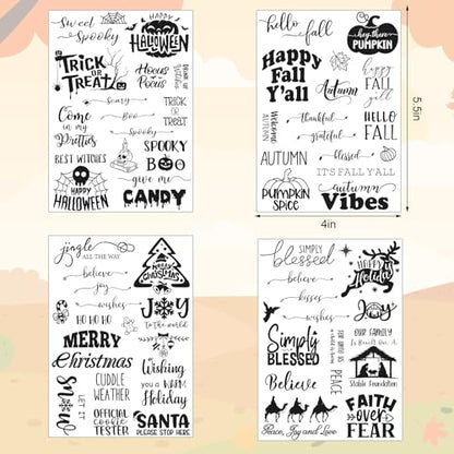 4 Sheets Holiday Clear Stamps Fall Halloween Christmas Nativity Scene Greeting Words Silicone Transparent Stamps for Autumn DIY Craft Card Making Scrapbooking Embossing Album Decor (4 Count)