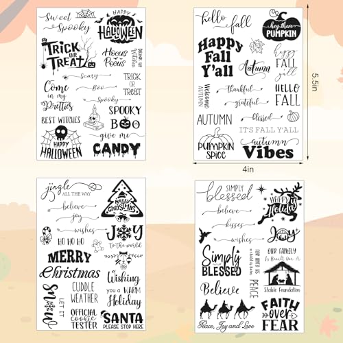 4 Sheets Holiday Clear Stamps Fall Halloween Christmas Nativity Scene Greeting Words Silicone Transparent Stamps for Autumn DIY Craft Card Making Scrapbooking Embossing Album Decor (4 Count)