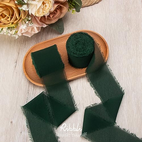 Forest Green Chiffon Ribbon 2 Inch x 20 Yard Handmade Fringe Chiffon Silk Ribbon Green Ribbon for Gifts Wrapping (60 Foot)
