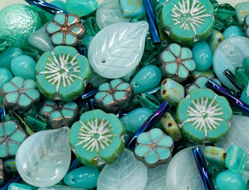 2.1oz (60 g) Mix of Unique Czech Bohemia Glass Pressed Beads, Rocailles, Opaque Turquoise Green Copper Crystal Silver, Matte and Glossy, Hand Made BCV (2.1164 Ounce)