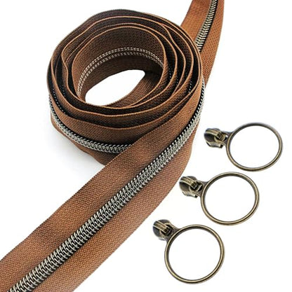 5 Antique Brass Metallic Nylon Coil Zippers by the Yard Bulk 10 Yards with Ring Pulls