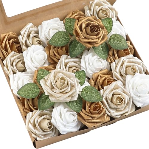 Artificial Flowers 25pcs Real Looking Gold & Champagne Gold Foam Fake Roses with Stems for DIY Wedding Bouquets Bridal Shower Centerpieces Floral Arrangements Party Tables Home Decorations (25 Count)