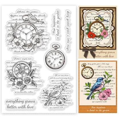 Vintage Clear Stamps for Card Making Flower and Bird Text Clear Stamps Retro Clock Clear Stamps for Scrapbooking Wish Words Rubber Transparent Seal Stamps for DIY Photo Album Crafting