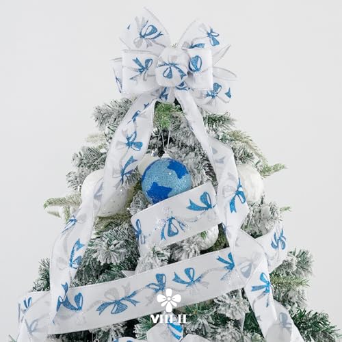 Blue and Silver Christmas Ribbon 2.5 Inch White Satin Ribbons with Turqupise and Silver Glittery Bows Pattern 10 Yards Christmas Wired Ribbon for Tree (30 Foot)