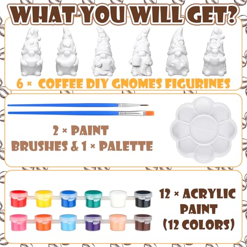 6 Set Fall Coffee Gnome Ceramics to Paint for Adults Ready to Paint Your Own Autumn Ceramic Gnome Statues DIY Paintable Ceramics Painting Kit Blank Figurines with Brush Palette Home Farm Decor (6 Count)
