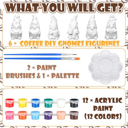6 Set Fall Coffee Gnome Ceramics to Paint for Adults Ready to Paint Your Own Autumn Ceramic Gnome Statues DIY Paintable Ceramics Painting Kit Blank Figurines with Brush Palette Home Farm Decor (6 Count)