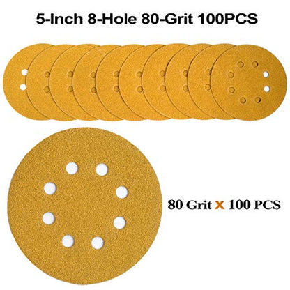 5-Inch 8-Hole Hook and Loop Sanding Discs 80-Grit, 100-Pack (100 Count)