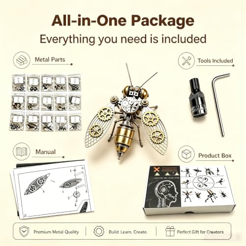 Mechanical Metal 3D Bumblebee Model Kits Puzzle for Adults Insect Steampunk Assembly DIY 150+Pcs 3 Hours Build Time Desk Decor Christmas & Birthday Gift for Hobbyists Men (150 Count)