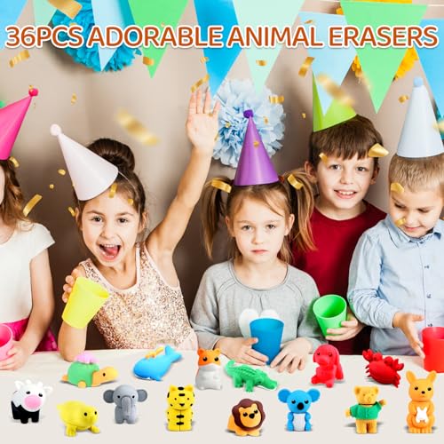 36Pcs Animal Erasers Kids Desk Pets Pencil Erasers 3D Puzzle Bulk Mini Animal Eraser Toys Fun Cute Eraser for Classroom Rewards (36 Count)
