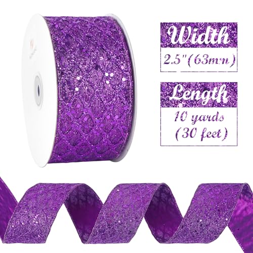 Purple Glitter Diamond Christmas Wired Ribbon 2.5 inch x 10 Yds (30 Foot)
