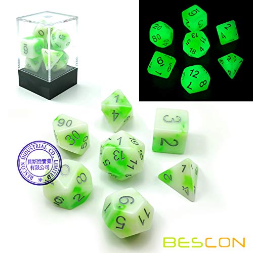Bescon Glowing Polyhedral RPG Dice Set Luminous Jade