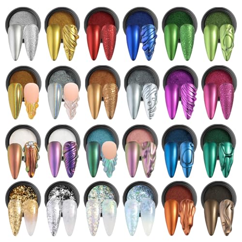 24 Jars Chrome Nail Powder Metallic Mirror Effect Pigment Iridescent Aurora Mermaid Pearl Glitter Dust (8.18 Ounce)