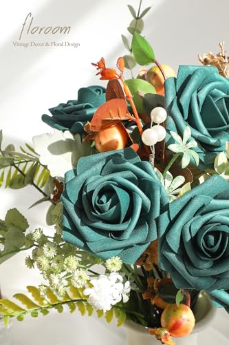 Artificial Flowers 25pcs Real Looking Dark Teal Foam Fake Roses with Stems for DIY Wedding Bouquets Bridal Shower Centerpieces Floral Arrangements Party Tables Home Decorations (25 Count)