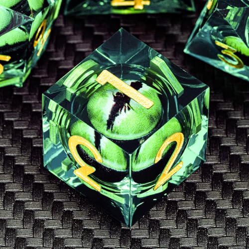 DND Resin Dice Dragon Eye Dice Liquid Core Green Sharp Edged Dice Set with Gift Box