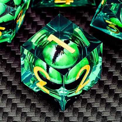 DND Resin Dice Dragon Eye Dice Liquid Core Green Sharp Edged Dice Set with Gift Box
